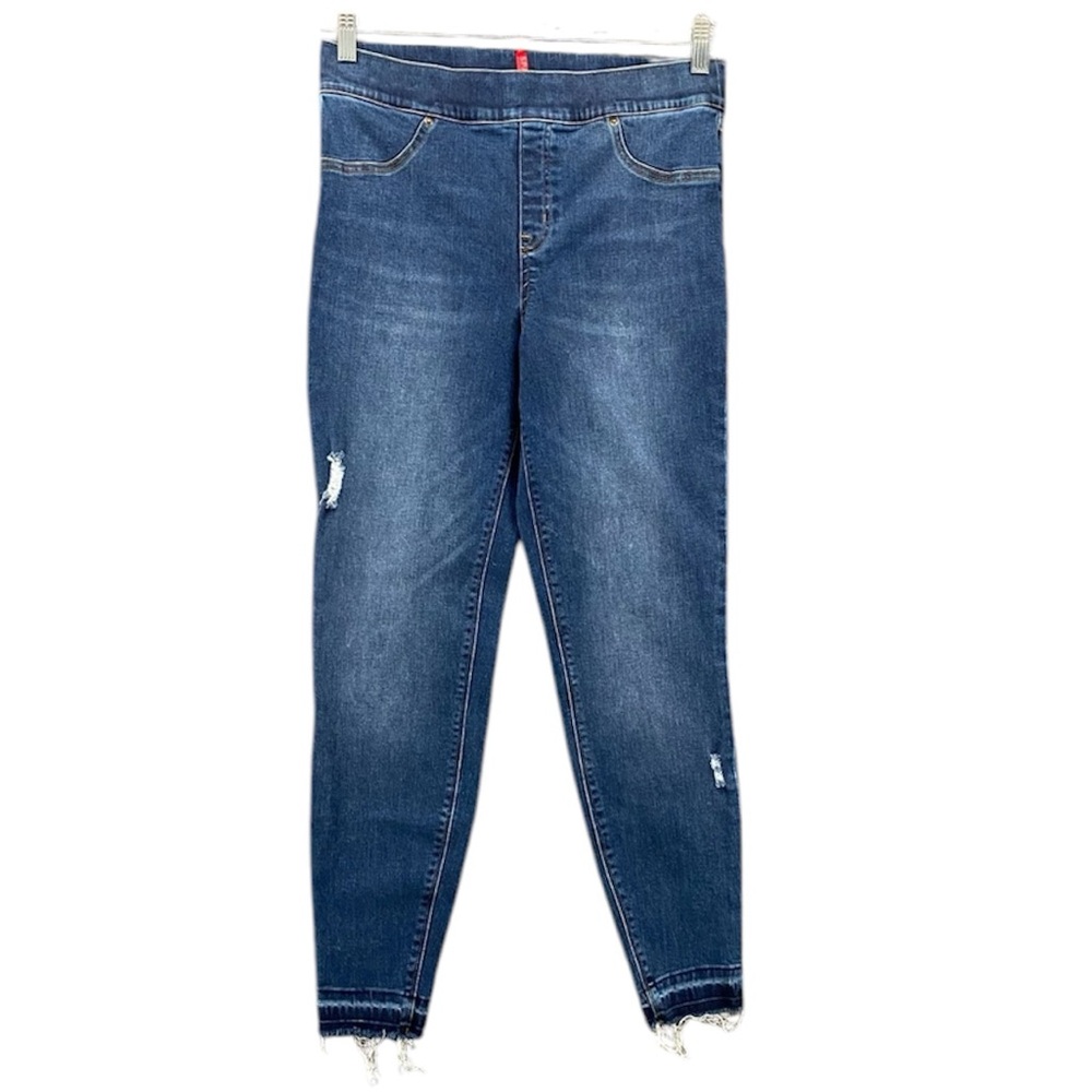 Spanx high rise pull on skinny distressed jeans